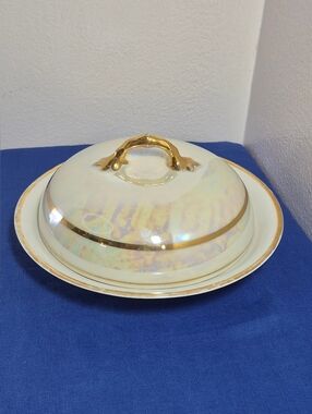 Vintage Round Covered Butter Dish Pearlized White Porcelain with Gold Trim